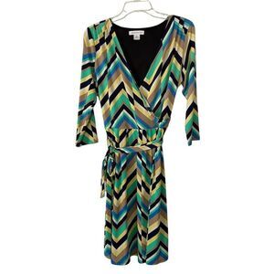 Liz Claiborne Faux Wrap Knee Length Dress Multicolor Chevron Print Size Medium